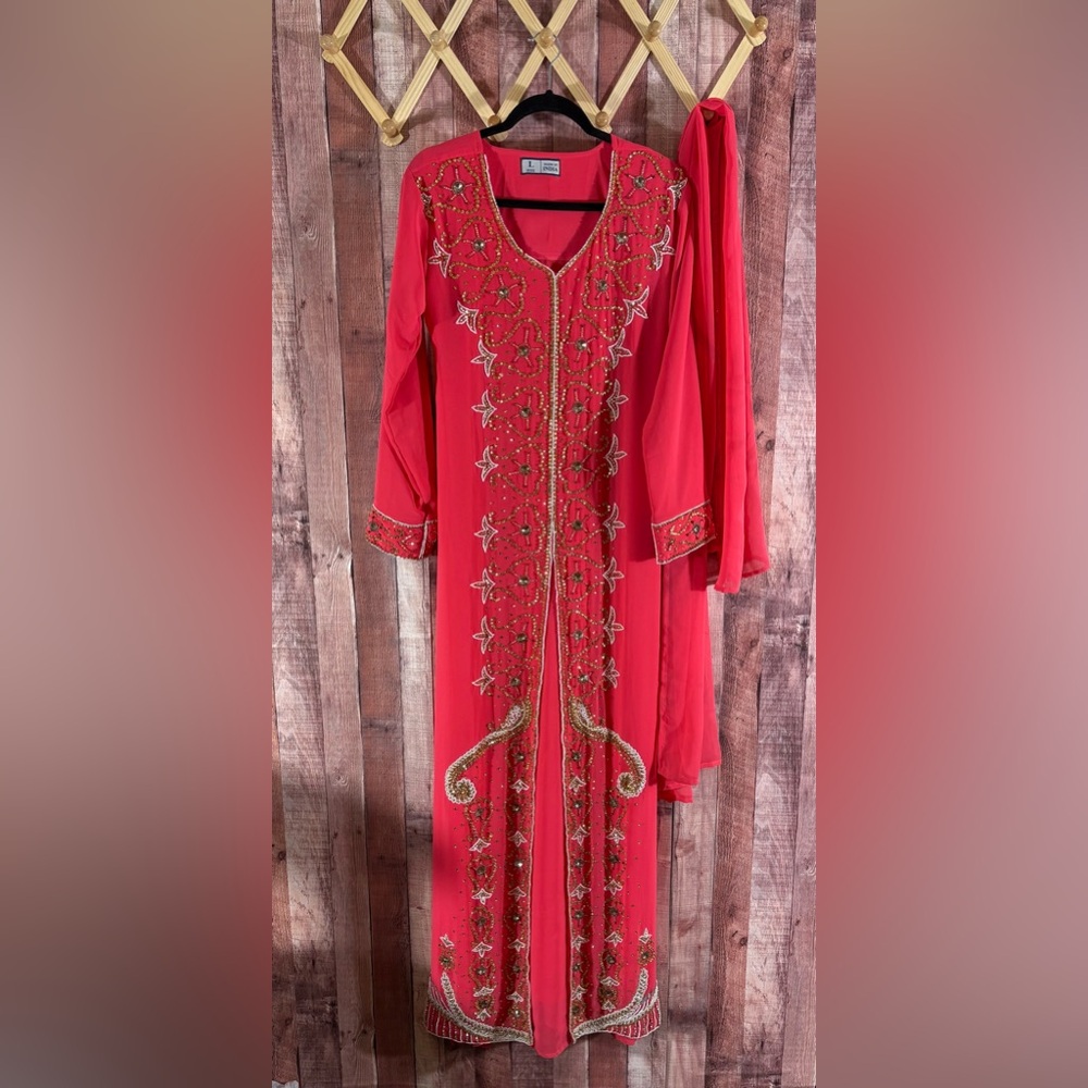 Made In India Pink Beaded Maxi Dress With Scarf Size Large